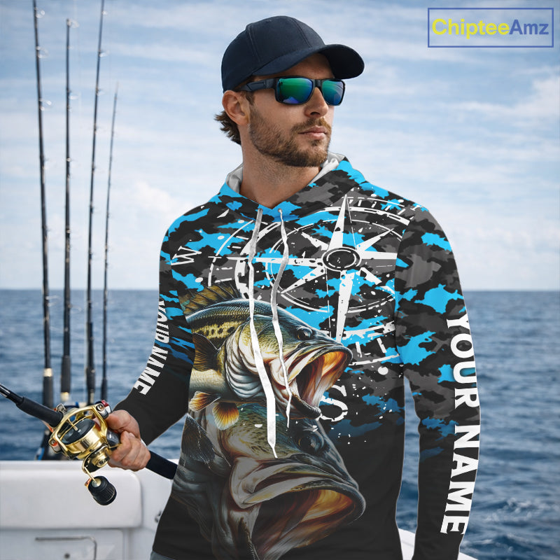 Largemouth Bass Hooded Fishing Shirt For Men, Blue Camo Compass Long Sleeve Fishing Jersey NHT1762