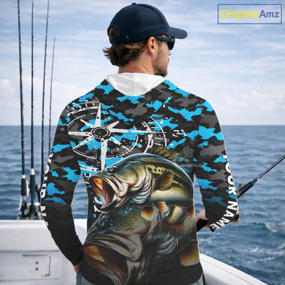 Largemouth Bass Hooded Fishing Shirt For Men, Blue Camo Compass Long Sleeve Fishing Jersey NHT1762