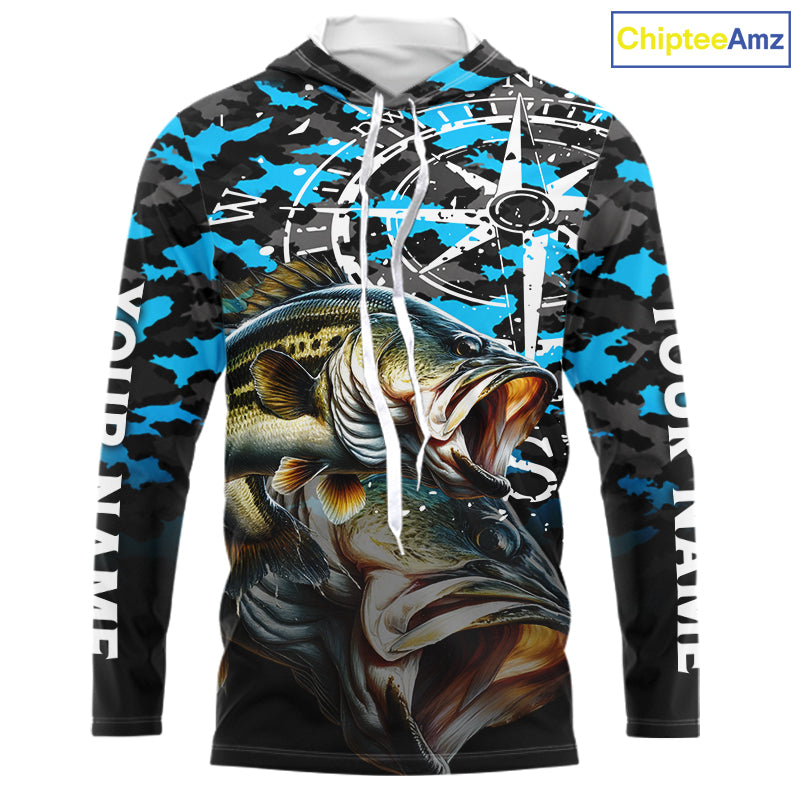 Largemouth Bass Hooded Fishing Shirt For Men, Blue Camo Compass Long Sleeve Fishing Jersey NHT1762