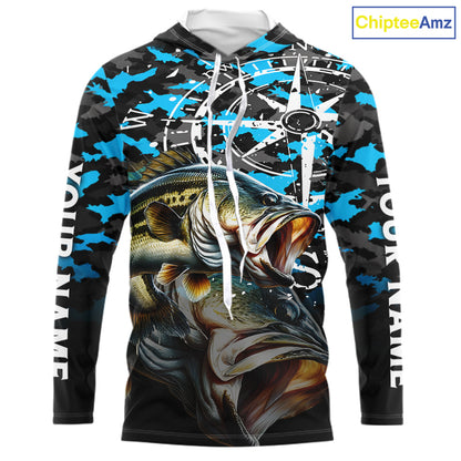 Largemouth Bass Hooded Fishing Shirt For Men, Blue Camo Compass Long Sleeve Fishing Jersey NHT1762