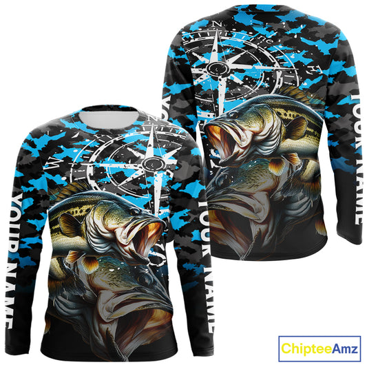Largemouth Bass Fishing Shirt For Men, Blue Camo Compass Long Sleeve Fishing Jersey NHT1762