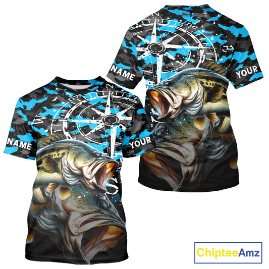 Largemouth Bass Fishing Shirt For Men, Blue Camo Compass Short Sleeve Fishing Jersey NHT1762