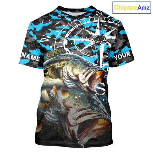 Largemouth Bass Fishing Shirt For Men, Blue Camo Compass Short Sleeve Fishing Jersey NHT1762