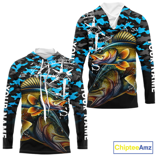 Walleye Hooded Fishing Shirt For Men, Blue Camo Compass Long Sleeve Fishing Jersey NHT1763