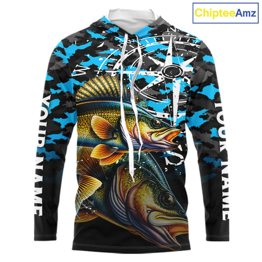 Walleye Hooded Fishing Shirt For Men, Blue Camo Compass Long Sleeve Fishing Jersey NHT1763