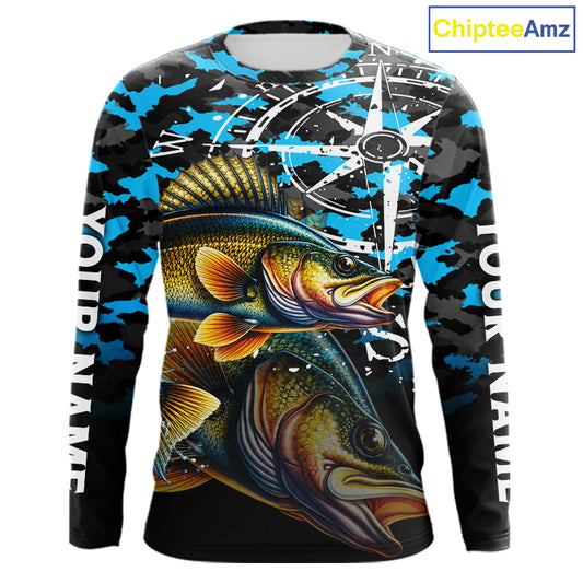 Walleye Fishing Shirt For Men, Blue Camo Compass Long Sleeve Fishing Jersey NHT1763