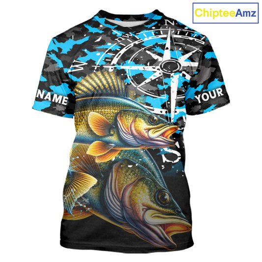 Walleye Fishing Shirt For Men, Blue Camo Compass Short Sleeve Fishing Jersey NHT1763
