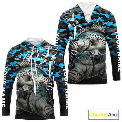 Crappie Hooded Fishing Shirt For Men, Blue Camo Compass Long Sleeve Fishing Jersey NHT1764