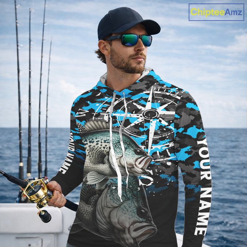 Crappie Hooded Fishing Shirt For Men, Blue Camo Compass Long Sleeve Fishing Jersey NHT1764