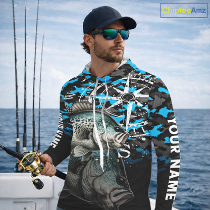 Crappie Hooded Fishing Shirt For Men, Blue Camo Compass Long Sleeve Fishing Jersey NHT1764