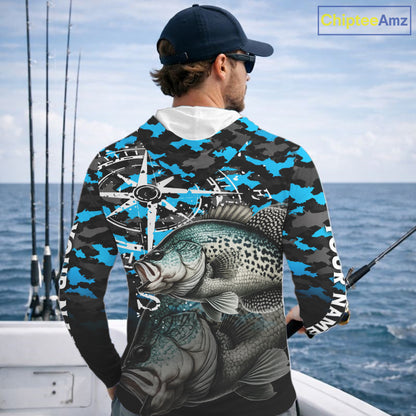 Crappie Hooded Fishing Shirt For Men, Blue Camo Compass Long Sleeve Fishing Jersey NHT1764
