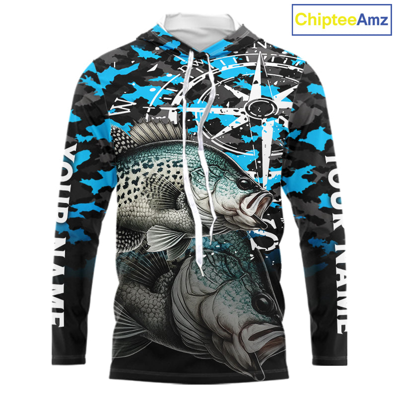 Crappie Hooded Fishing Shirt For Men, Blue Camo Compass Long Sleeve Fishing Jersey NHT1764
