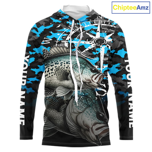 Crappie Hooded Fishing Shirt For Men, Blue Camo Compass Long Sleeve Fishing Jersey NHT1764