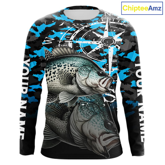 Crappie Fishing Shirt For Men, Blue Camo Compass Long Sleeve Fishing Jersey NHT1764