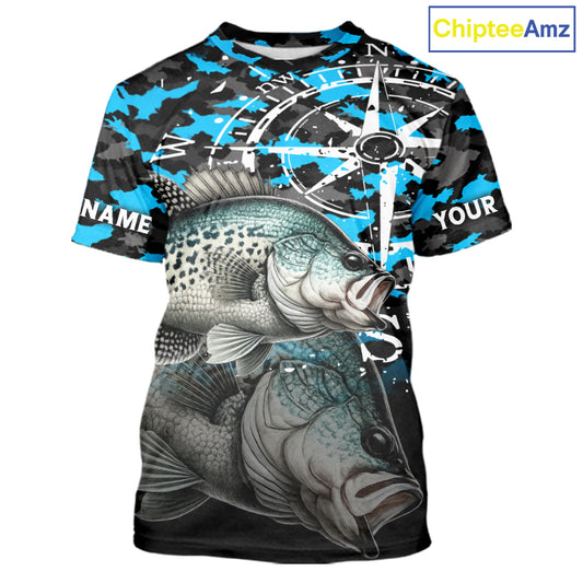 Crappie Fishing Shirt For Men, Blue Camo Compass Short Sleeve Fishing Jersey NHT1764