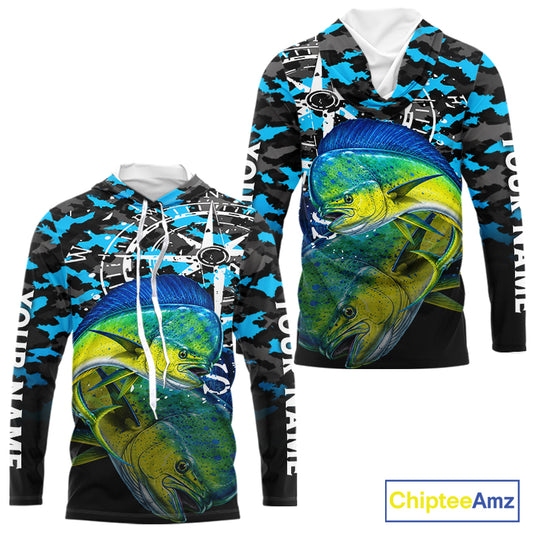 Mahi Mahi Hooded Fishing Shirt For Men, Blue Camo Compass Long Sleeve Fishing Jersey NHT1765