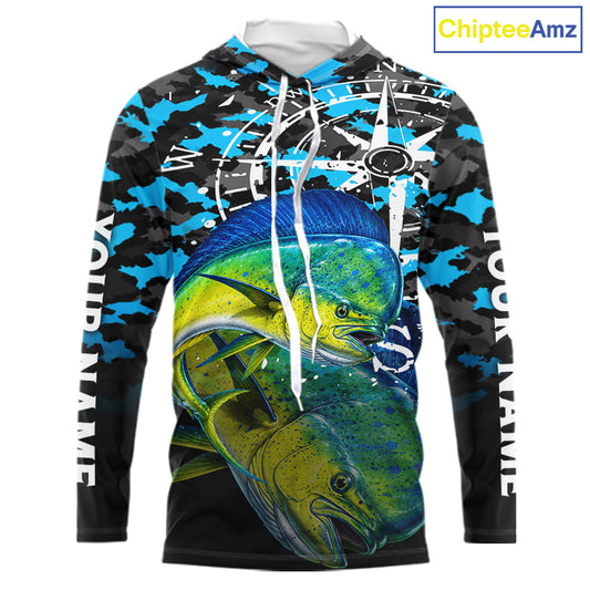 Mahi Mahi Hooded Fishing Shirt For Men, Blue Camo Compass Long Sleeve Fishing Jersey NHT1765