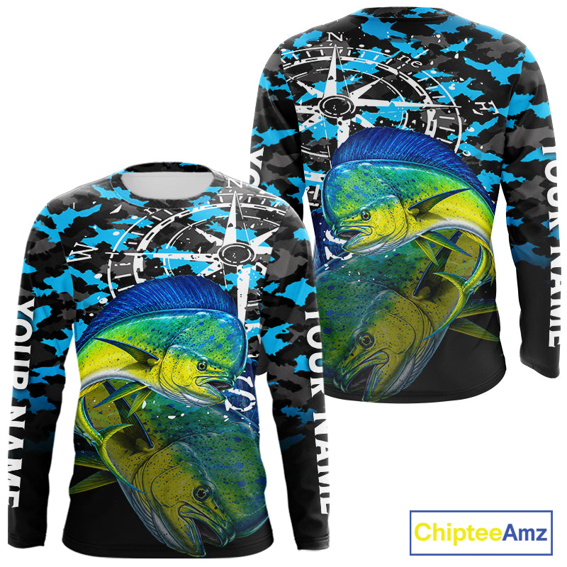 Mahi Mahi Fishing Shirt For Men, Blue Camo Compass Long Sleeve Fishing Jersey NHT1765