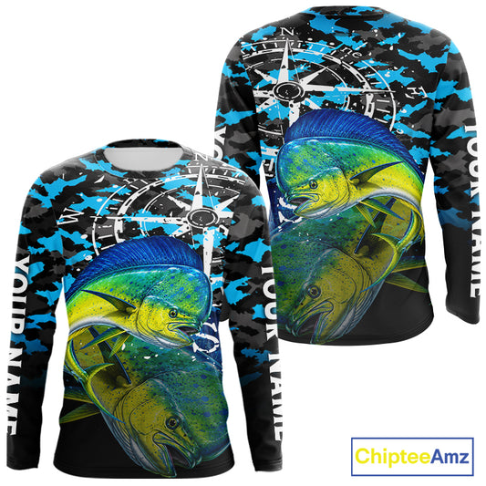 Mahi Mahi Fishing Shirt For Men, Blue Camo Compass Long Sleeve Fishing Jersey NHT1765