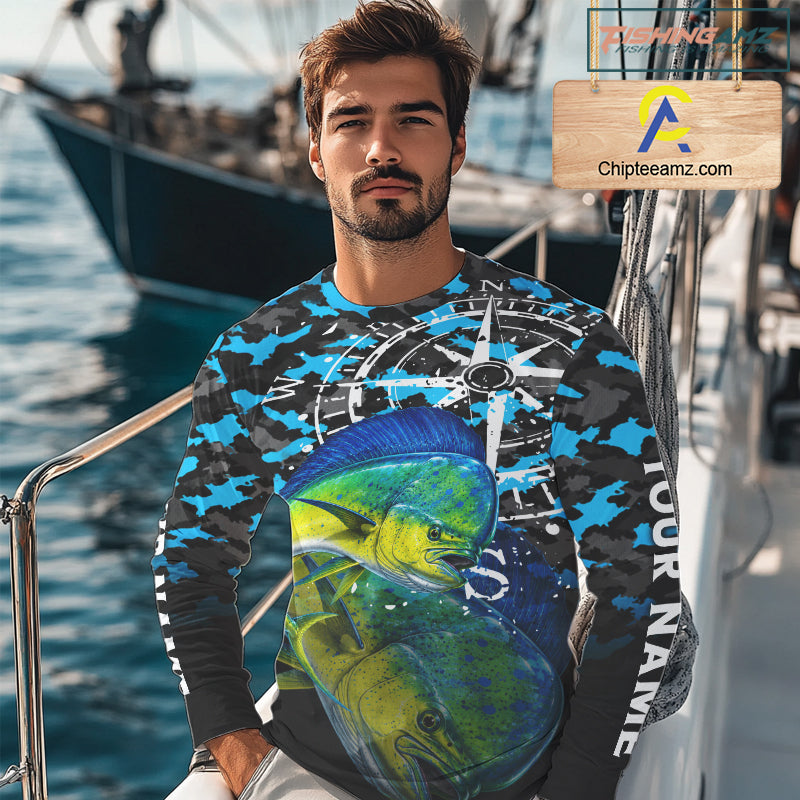Mahi Mahi Fishing Shirt For Men, Blue Camo Compass Long Sleeve Fishing Jersey NHT1765