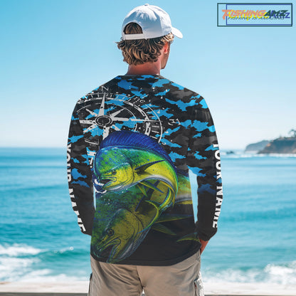 Mahi Mahi Fishing Shirt For Men, Blue Camo Compass Long Sleeve Fishing Jersey NHT1765