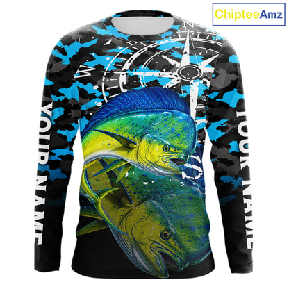 Mahi Mahi Fishing Shirt For Men, Blue Camo Compass Long Sleeve Fishing Jersey NHT1765