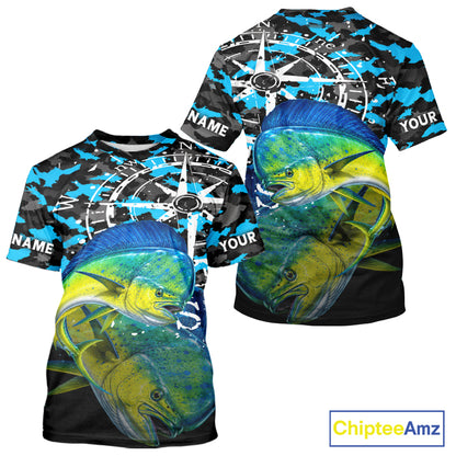 Mahi Mahi Fishing Shirt For Men, Blue Camo Compass Short Sleeve Fishing Jersey NHT1765