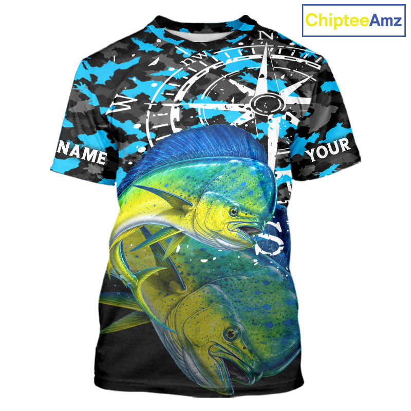 Mahi Mahi Fishing Shirt For Men, Blue Camo Compass Short Sleeve Fishing Jersey NHT1765