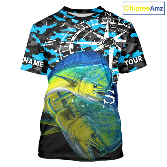 Mahi Mahi Fishing Shirt For Men, Blue Camo Compass Short Sleeve Fishing Jersey NHT1765