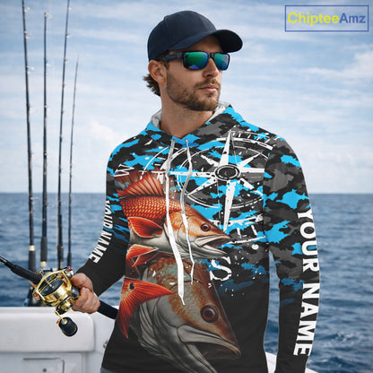 Redfish( Red Drum) Hooded Fishing Shirt For Men, Blue Camo Compass Long Sleeve Fishing Jersey NHT1766
