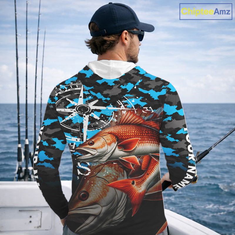 Redfish( Red Drum) Hooded Fishing Shirt For Men, Blue Camo Compass Long Sleeve Fishing Jersey NHT1766