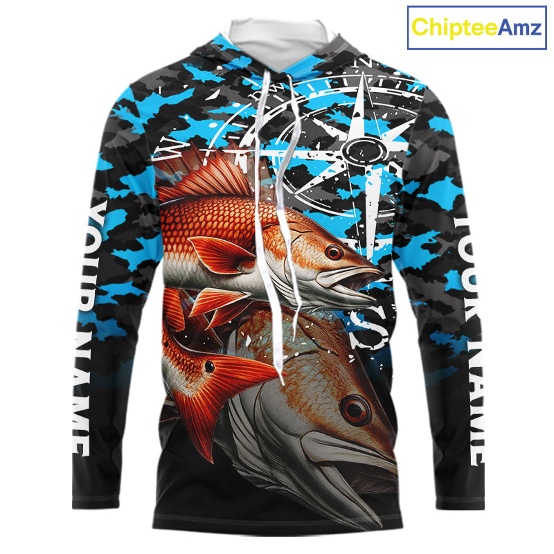 Redfish( Red Drum) Hooded Fishing Shirt For Men, Blue Camo Compass Long Sleeve Fishing Jersey NHT1766