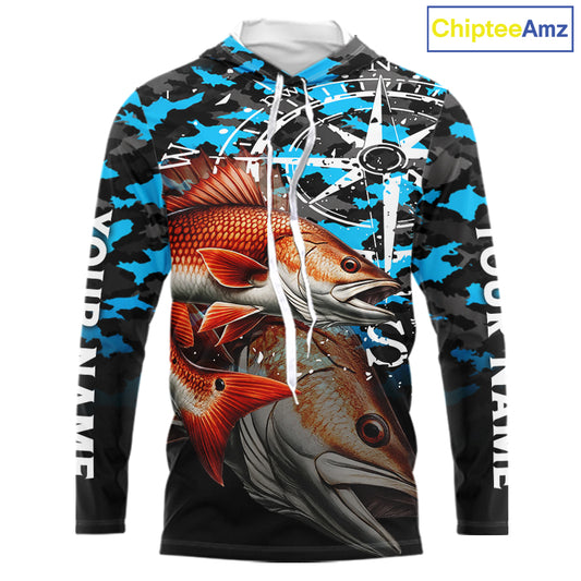 Redfish( Red Drum) Hooded Fishing Shirt For Men, Blue Camo Compass Long Sleeve Fishing Jersey NHT1766