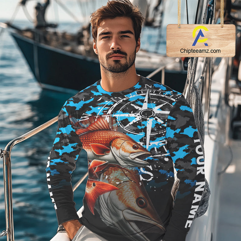 Redfish( Red Drum) Fishing Shirt For Men, Blue Camo Compass Long Sleeve Fishing Jersey NHT1766