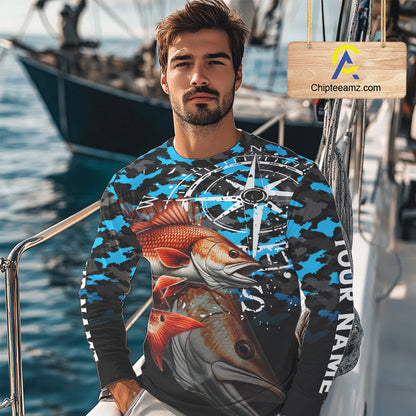 Redfish( Red Drum) Fishing Shirt For Men, Blue Camo Compass Long Sleeve Fishing Jersey NHT1766
