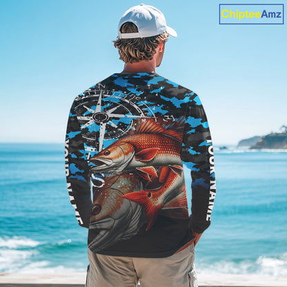 Redfish( Red Drum) Fishing Shirt For Men, Blue Camo Compass Long Sleeve Fishing Jersey NHT1766