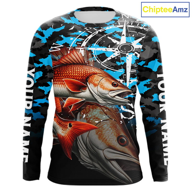 Redfish( Red Drum) Fishing Shirt For Men, Blue Camo Compass Long Sleeve Fishing Jersey NHT1766