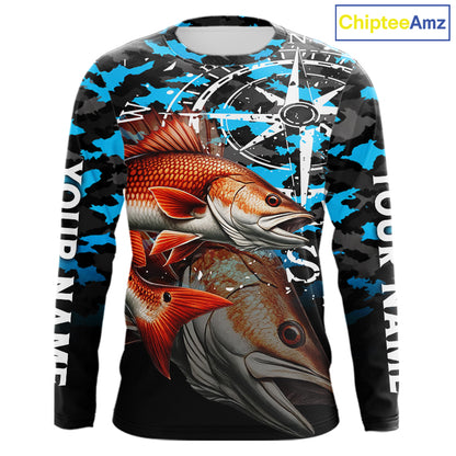 Redfish( Red Drum) Fishing Shirt For Men, Blue Camo Compass Long Sleeve Fishing Jersey NHT1766
