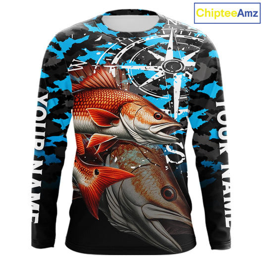 Redfish( Red Drum) Fishing Shirt For Men, Blue Camo Compass Long Sleeve Fishing Jersey NHT1766