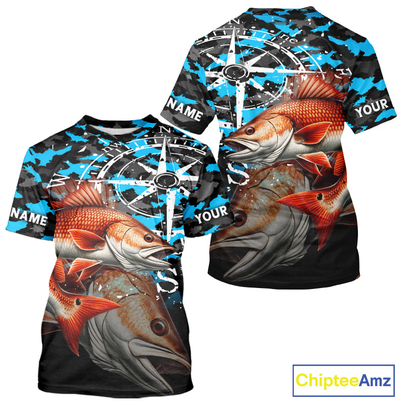 Redfish( Red Drum) Fishing Shirt For Men, Blue Camo Compass Short Sleeve Fishing Jersey NHT1766
