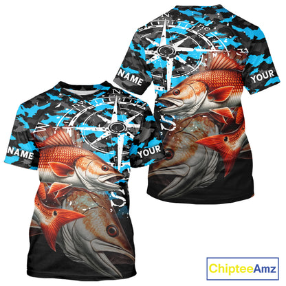 Redfish( Red Drum) Fishing Shirt For Men, Blue Camo Compass Short Sleeve Fishing Jersey NHT1766