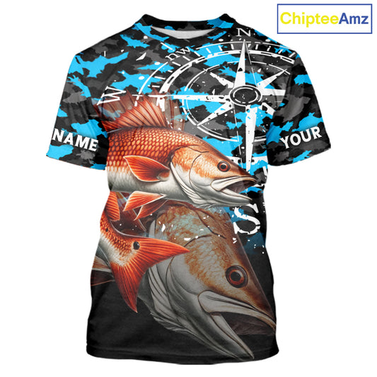 Redfish( Red Drum) Fishing Shirt For Men, Blue Camo Compass Short Sleeve Fishing Jersey NHT1766