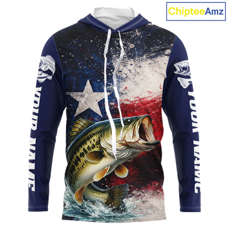 Personalized Bass Custom Texas Flag Performance Fishing Shirts, Bass Hooded  Fishing Shirts Long Sleeve For Men NHT607