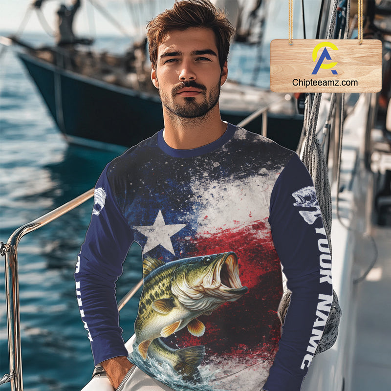 Personalized Bass Custom Texas Flag Performance Fishing Shirts, Bass Fishing Shirts Long Sleeve For Men NHT607
