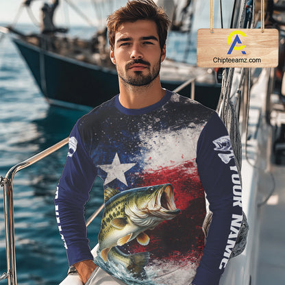 Personalized Bass Custom Texas Flag Performance Fishing Shirts, Bass Fishing Shirts Long Sleeve For Men NHT607