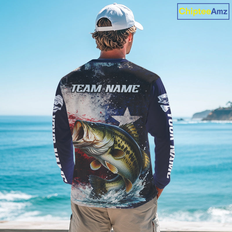 Personalized Bass Custom Texas Flag Performance Fishing Shirts, Bass Fishing Shirts Long Sleeve For Men NHT607