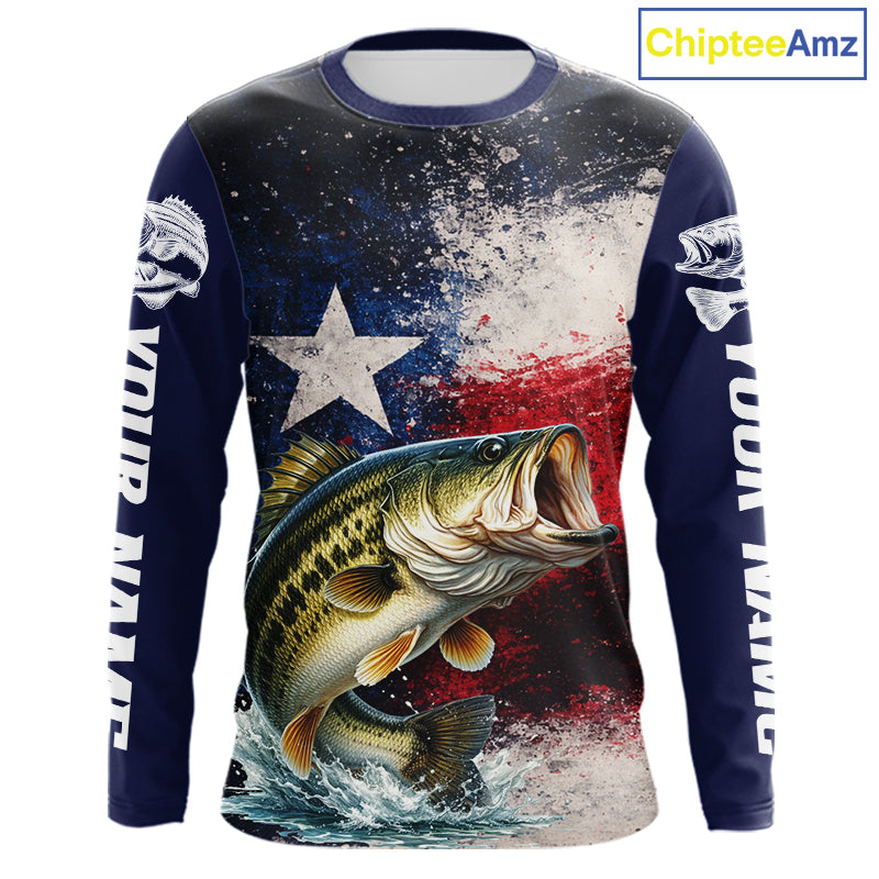 Personalized Bass Custom Texas Flag Performance Fishing Shirts, Bass Fishing Shirts Long Sleeve For Men NHT607