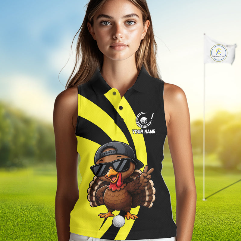 Funny Turkey Golfer Polo, Custom Name Team Women Sleeveless Golf Shirt, Golf Top NHT1423