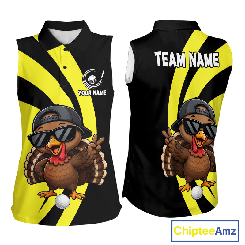Funny Turkey Golfer Polo, Custom Name Team Women Sleeveless Golf Shirt, Golf Top NHT1423