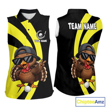 Funny Turkey Golfer Polo, Custom Name Team Women Sleeveless Golf Shirt, Golf Top NHT1423